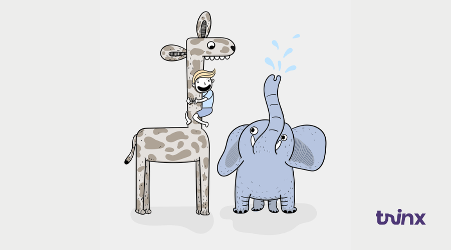 girafa, pessoa e elefante brincando com água - está chovendo muito forte em inglês