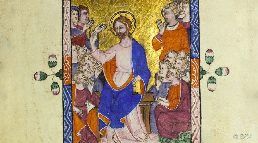 Iluminura medieval em tons de dourado e azul mostrando Jesus Cristo ao centro ensinando um grupo de discípulos ao seu redor.